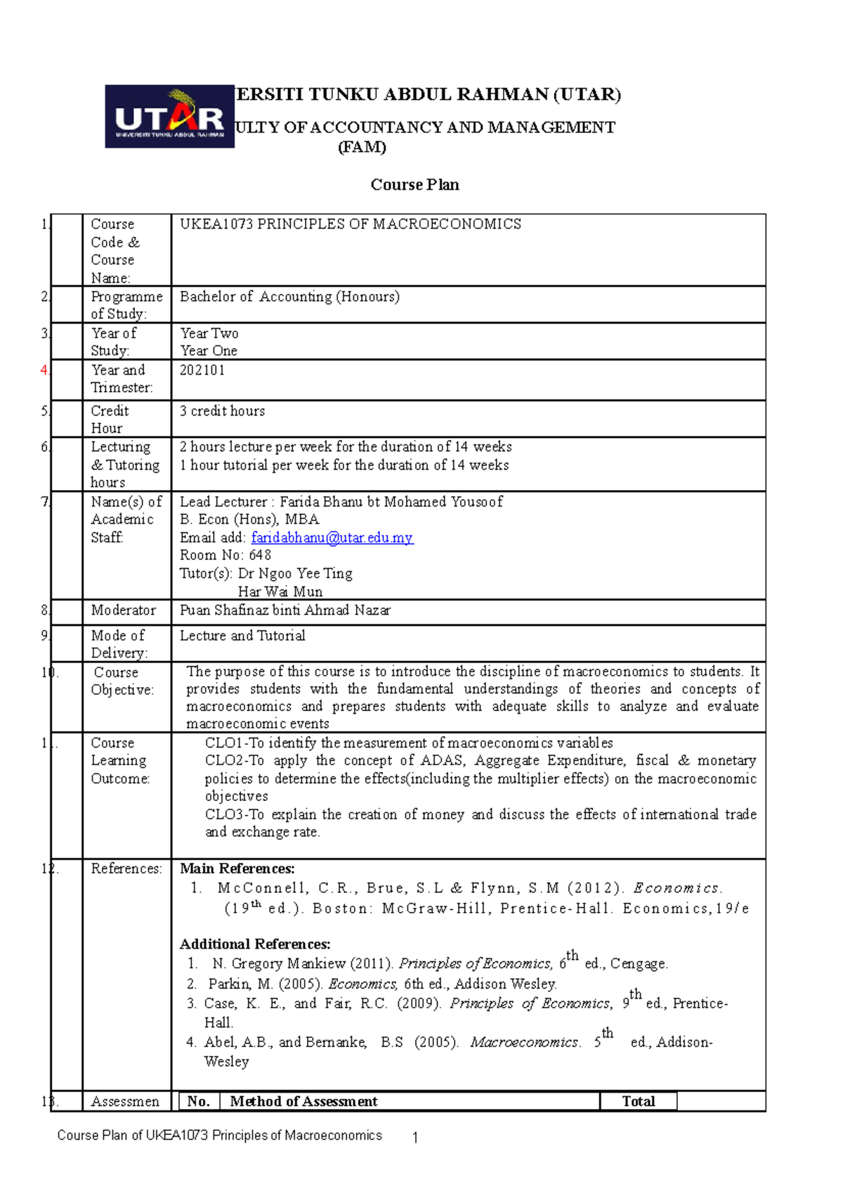 Course Plan UKEA1073 - UNIVERSITI TUNKU ABDUL RAHMAN (UTAR) FACULTY OF ...