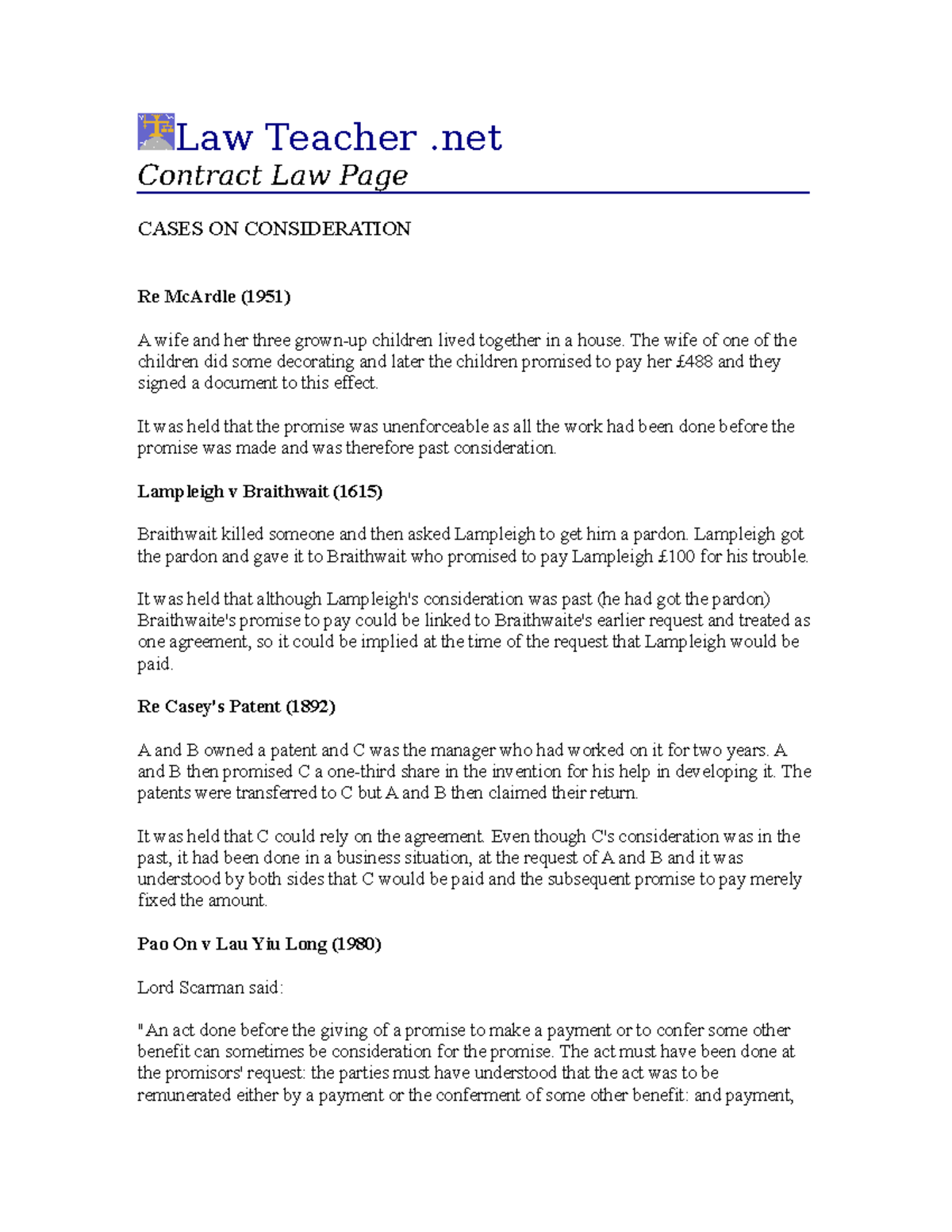 Consideration cases Law Teacher Contract Law Page CASES ON