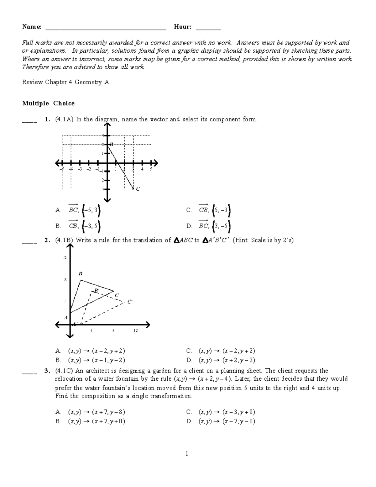 Geometry A Chapter 4 Test Review Answer Key Name Hour