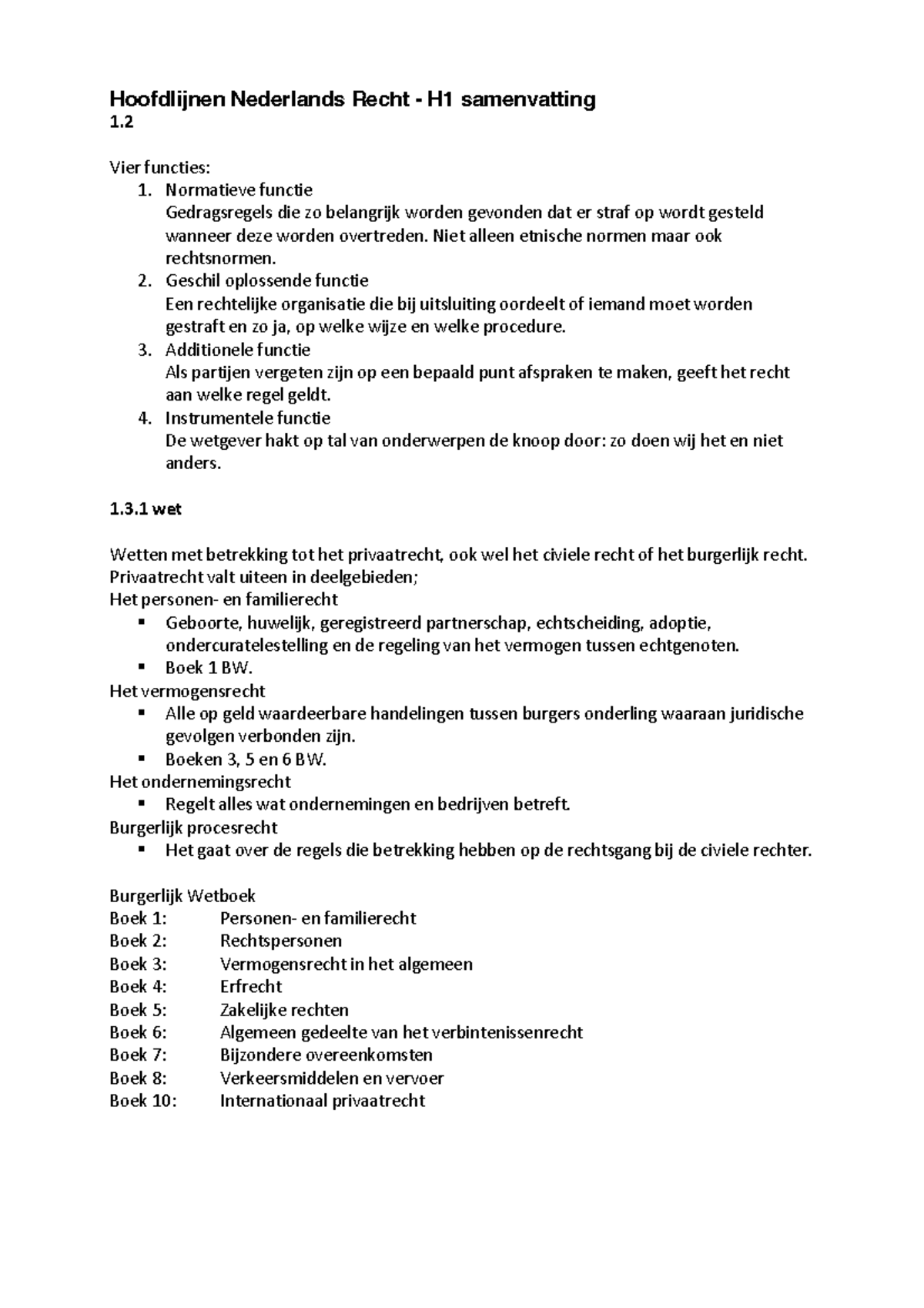 Hoofdlijnen Nederlands Recht - H1 Samenvatting - 1. Vier Functies: 1 ...