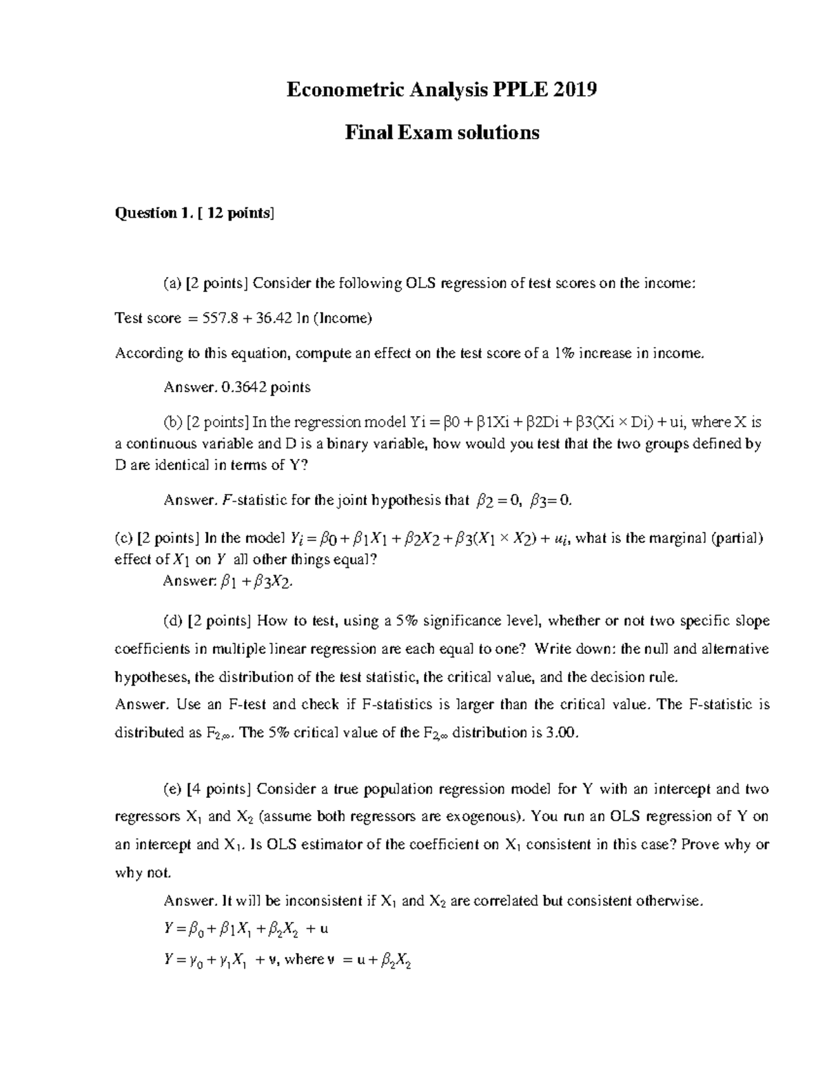 Final Exam 2019 - Econometric Analysis PPLE 2019 Final Exam Solutions ...