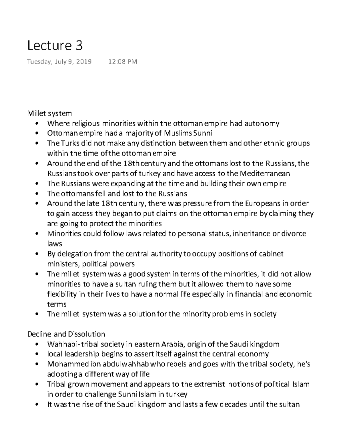 Lecture 3 Ottoman Empire Millet system Where religious minorities