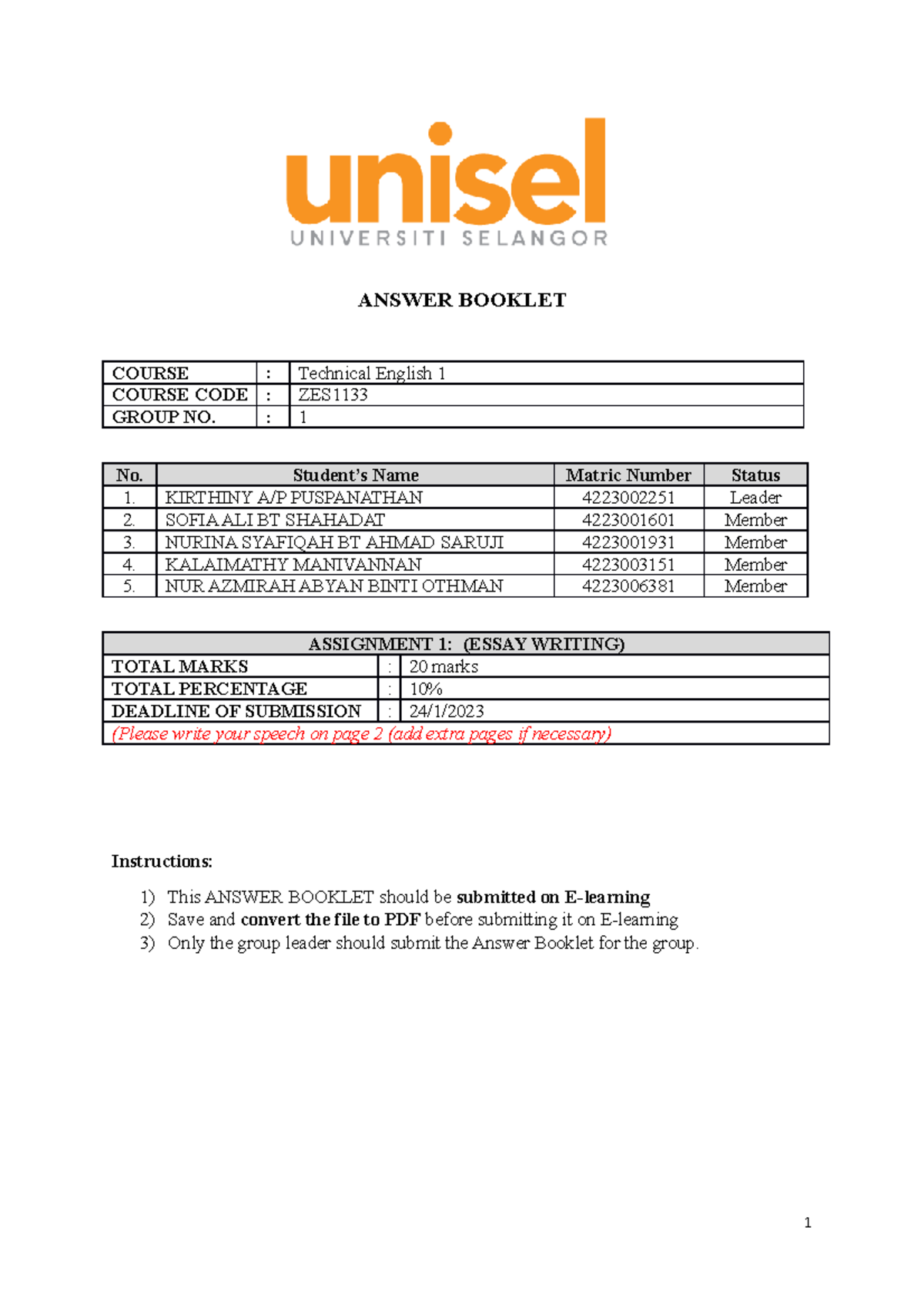 Answer Booklet ( Assignment 1 Submission) - ANSWER BOOKLET COURSE ...