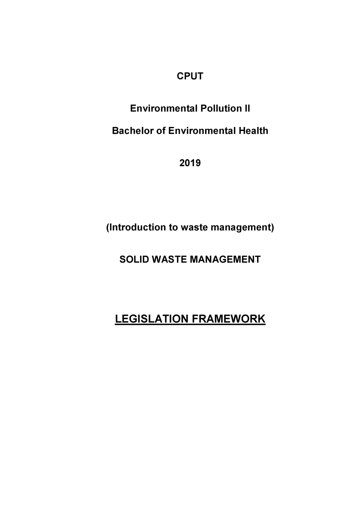 Solid Waste Management Class Notes CPUT Environmental Pollution II