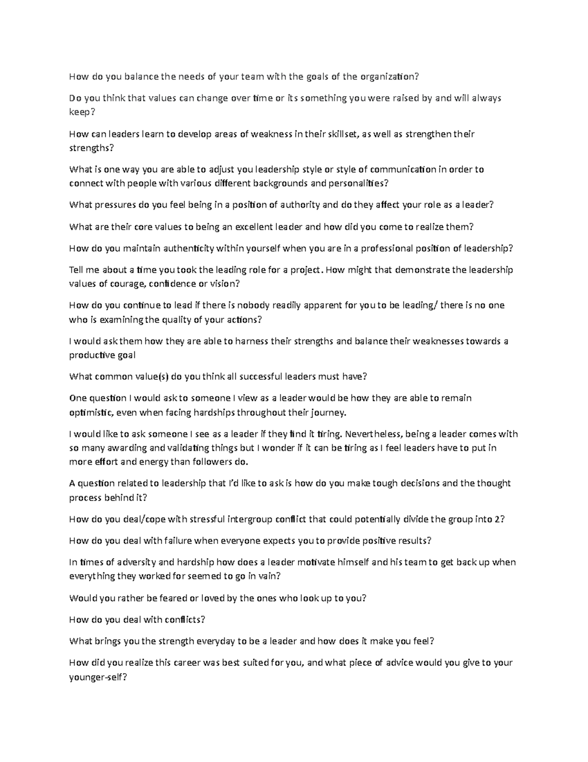 Leadership Interview ClassDeveloped Prompts How do you balance the