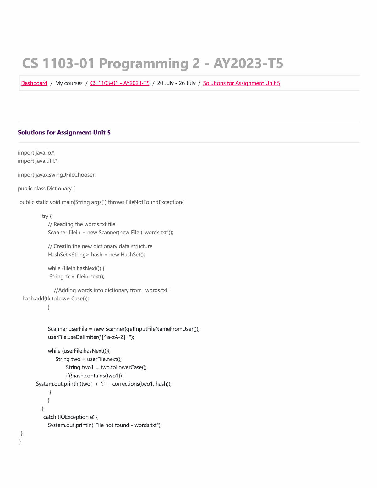 Unit 5 Assignment Solution - CS 1103-01 Programming 2 - 䄀嘀2023-TS ...