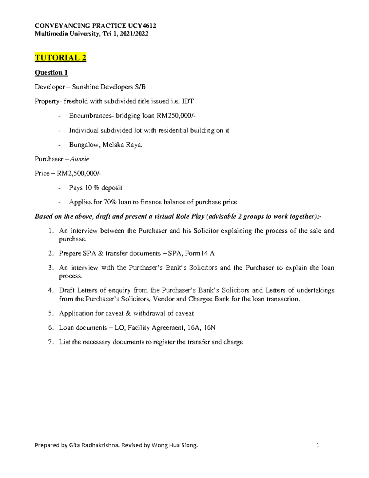 381335 Tutorial 2 Topic 1 of Conveyancing Practice - CONVEYANCING ...