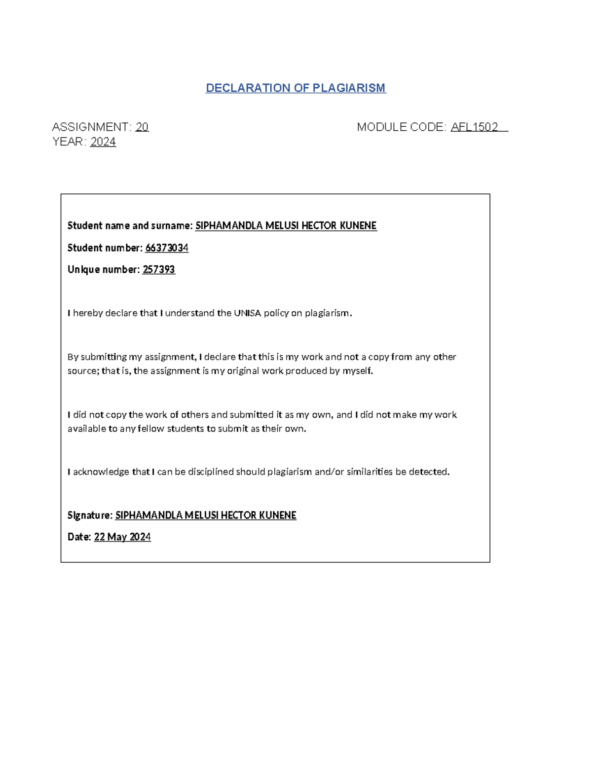 Question 1 Afl1502 Assignment 2011 11111111111111111111111111111111111 Declaration Of Question 1 Afl1502 Assignment 2011 11111111111111111111111111111111111 Declaration Of