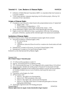 Human rights notes - Week 1 summary - Tutorial #1 – Law, Business ...
