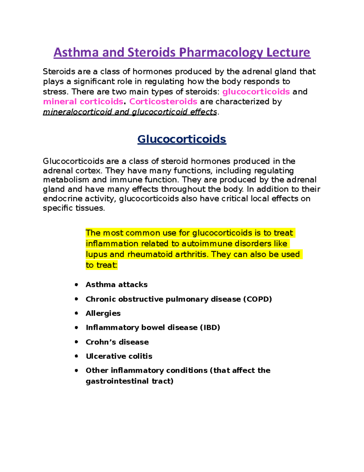 Asthma and Steroids Pharmacology Lecture Asthma and Steroids