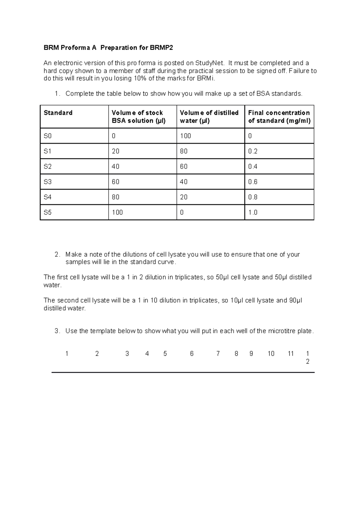 bradford assay assignment - BRM Proforma A Preparation for BRMP2 An ...