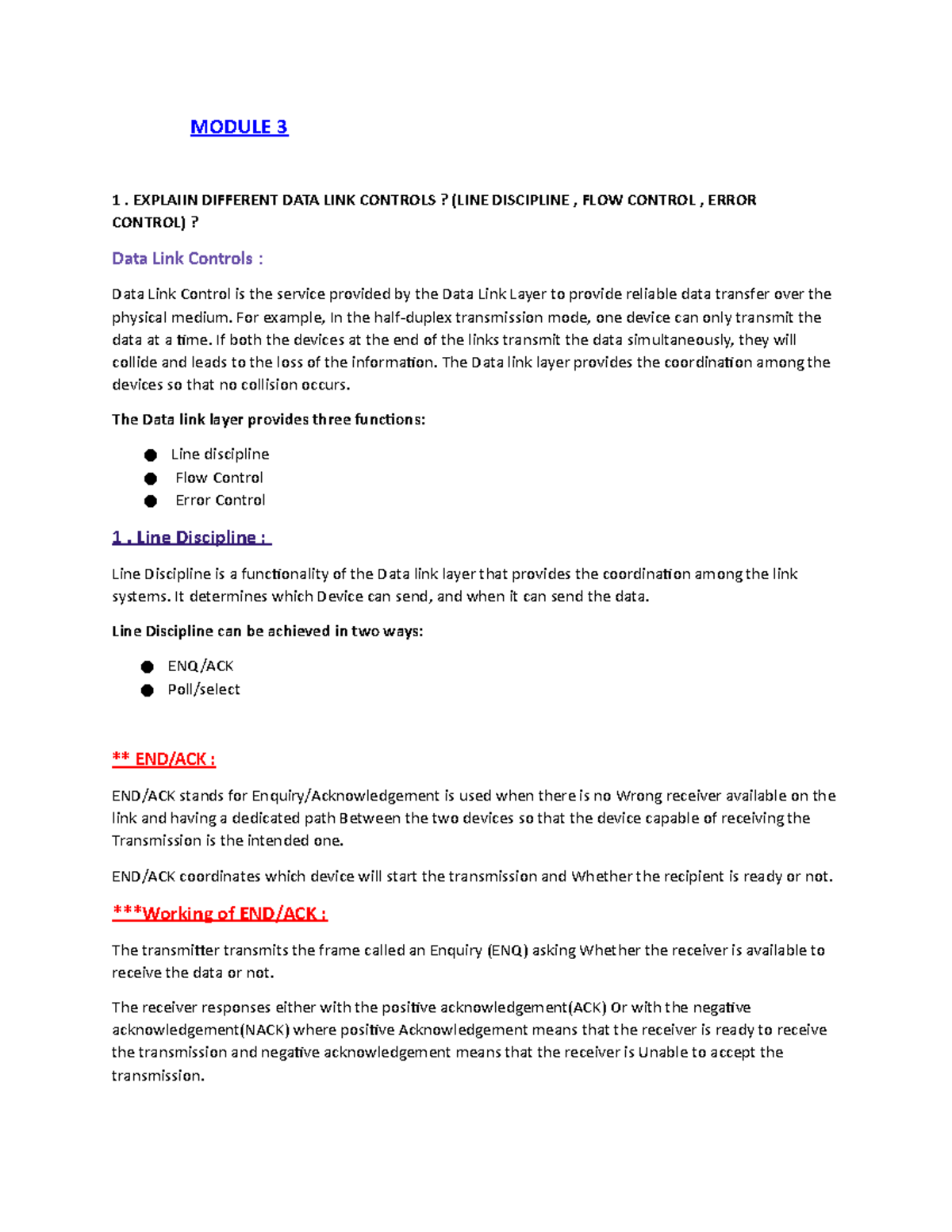Module 3 - MODULE 3 1. EXPLAIIN DIFFERENT DATA LINK CONTROLS? (LINE ...