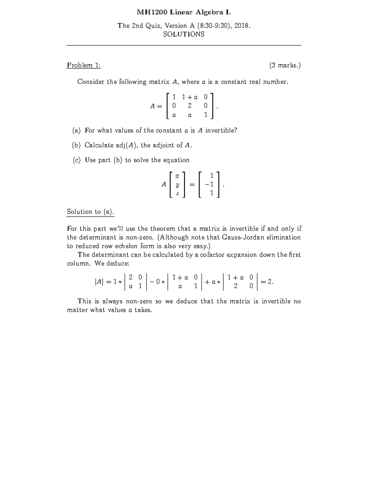Quiz 2 10 October 2018, questions and answers - MH1200 Linear Algebra I ...