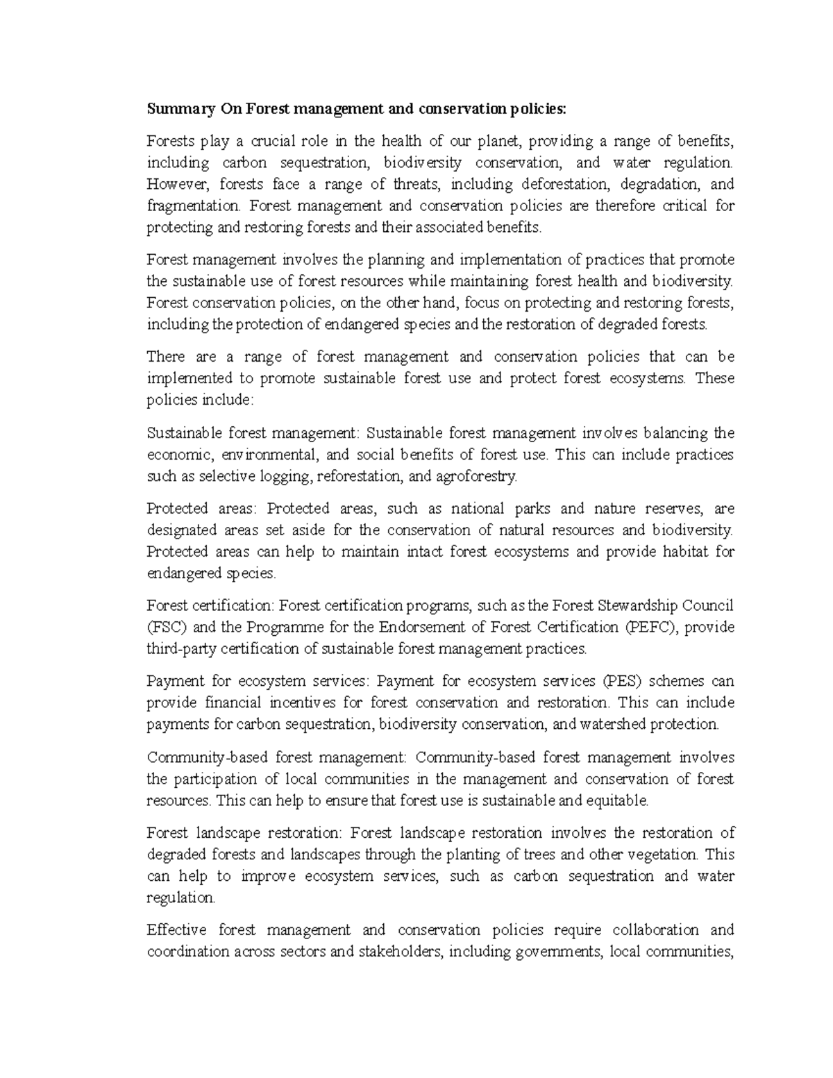 Summary On Forest management and conservation policies - However ...