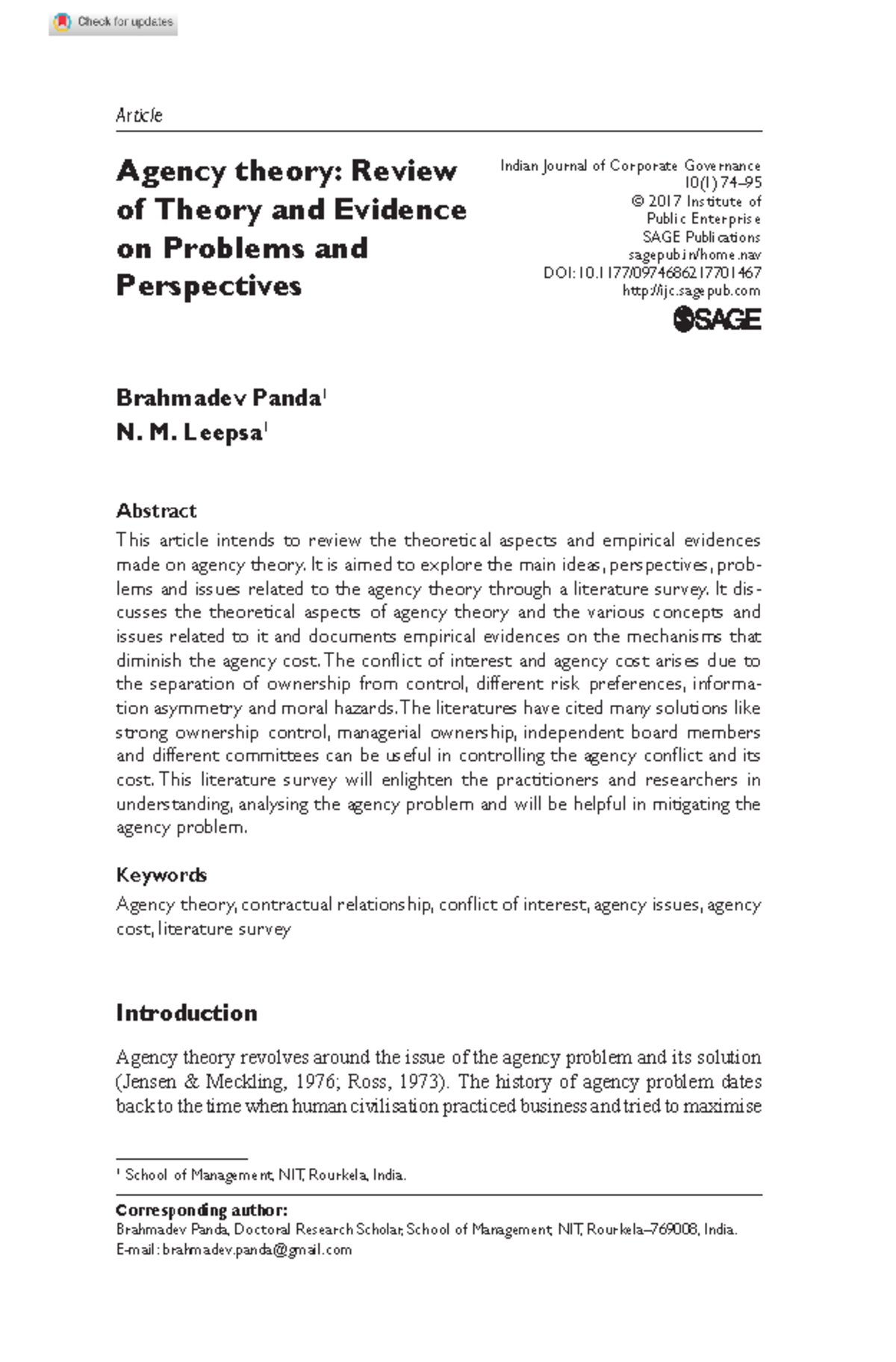 PB2MAT+Agency Theory Review And Evidence Of Problem - Agency Theory ...