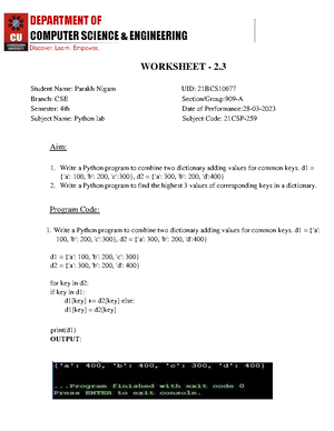 WS - 7 Python Parakh - COMPUTER SCIENCE & ENGINEERING Experiment No 2 ...