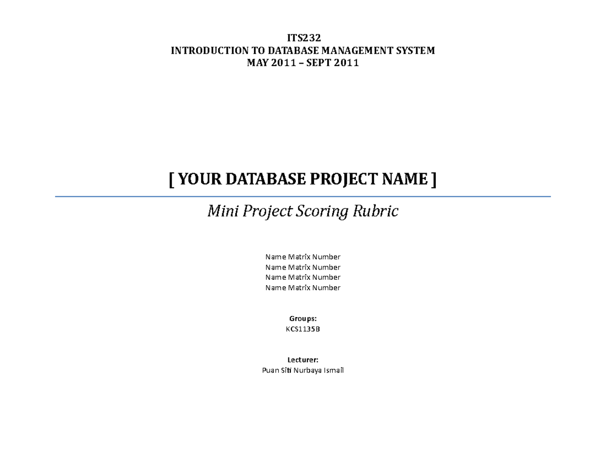 Its232minirubric - its 232 - ITS INTRODUCTION TO DATABASE MANAGEMENT ...