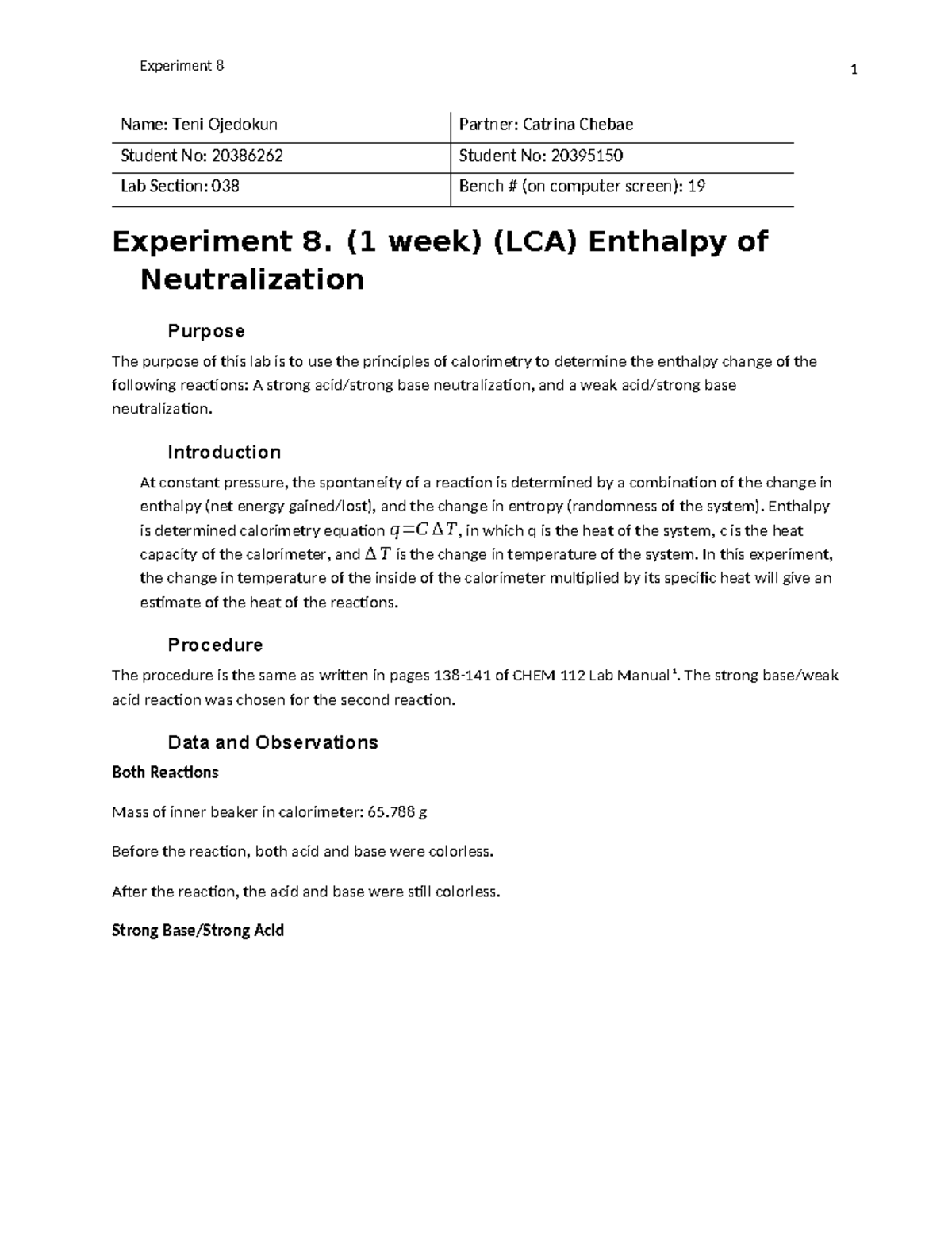 Enthalpy of Neutralization Lab Report Name Teni Ojedokun Partner