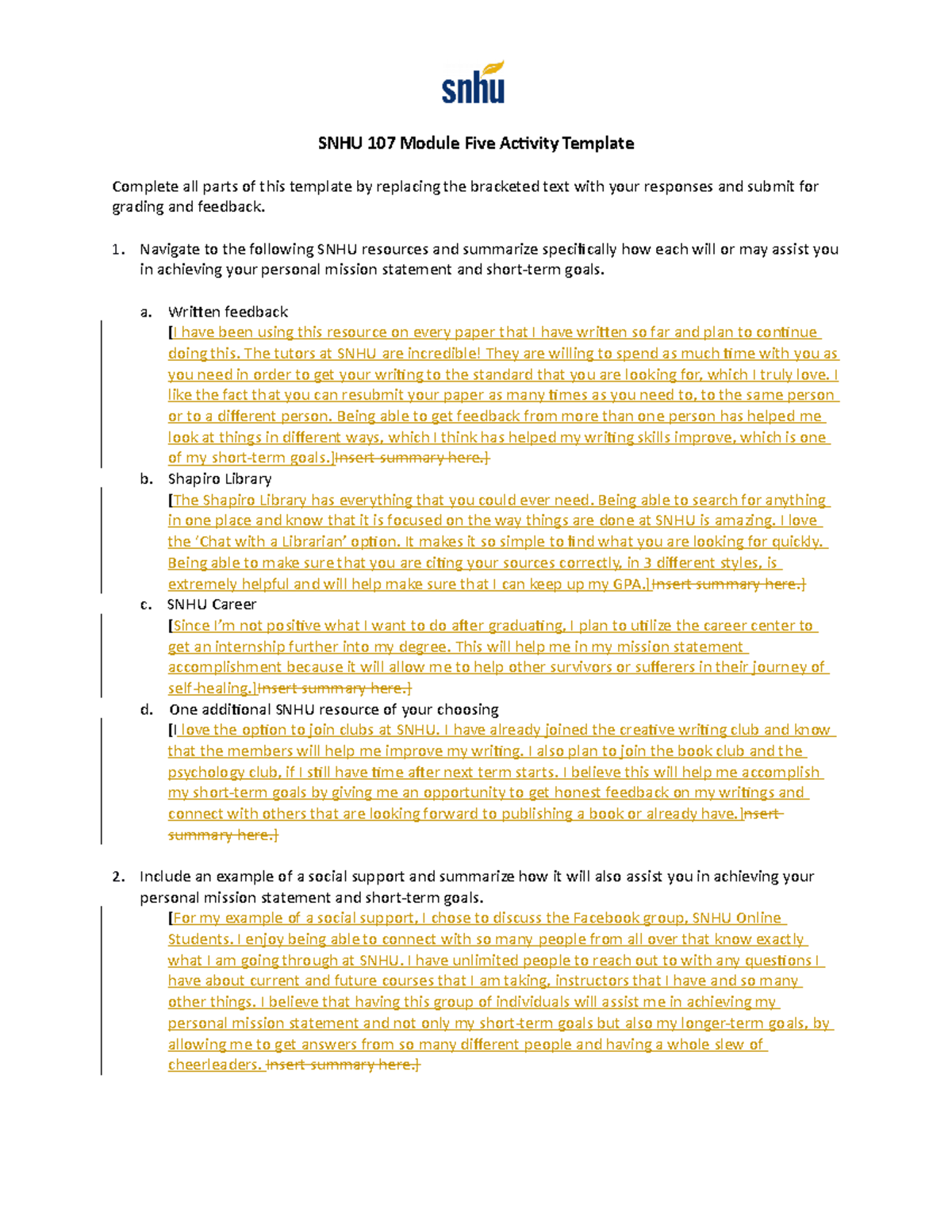 Week 5 Activity SNHU 107 Module Five Activity Template Complete All Parts Of This Template By