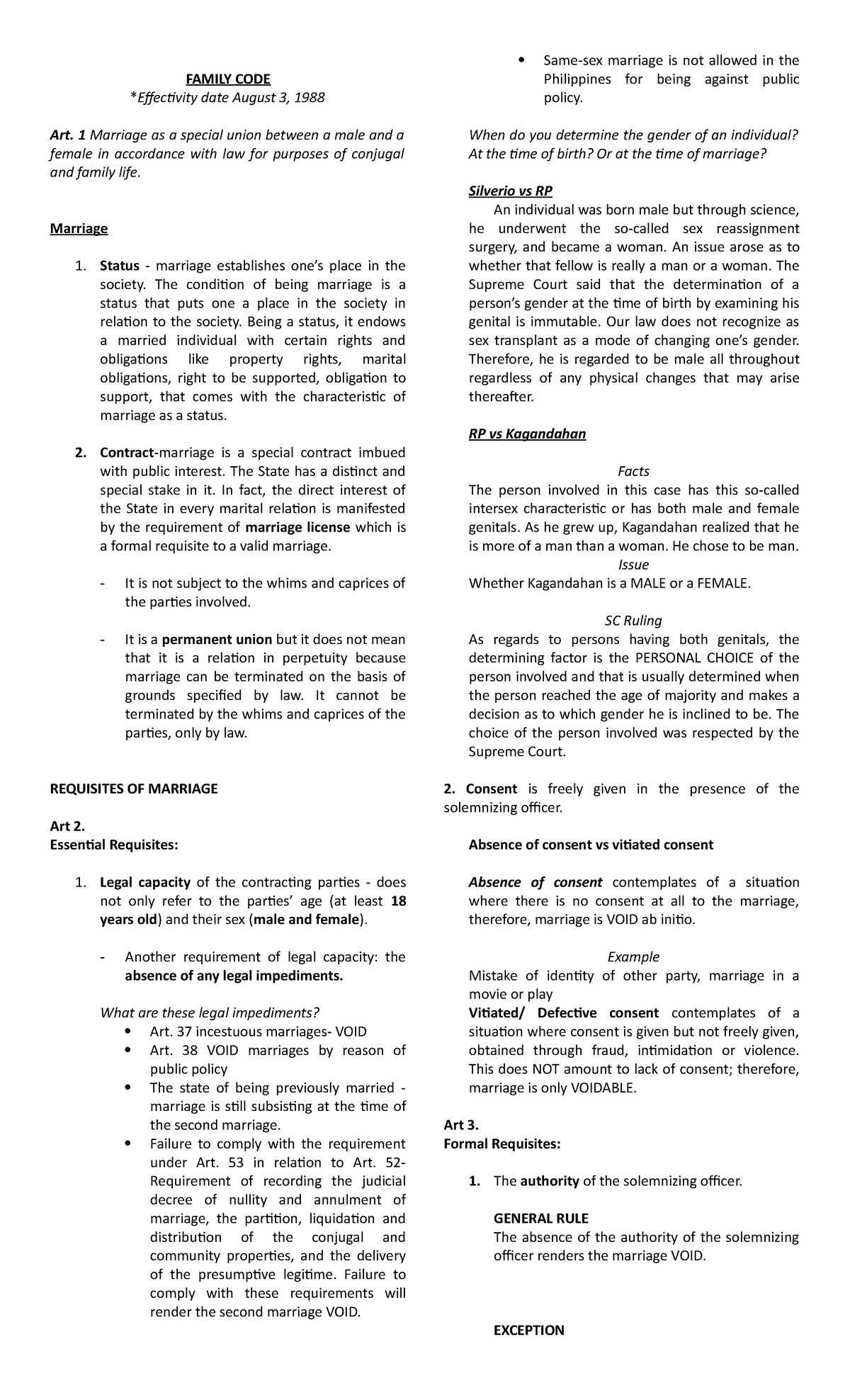 Persons-marriage-notes - FAMILY CODE *Effectivity date August 3, 1988 ...