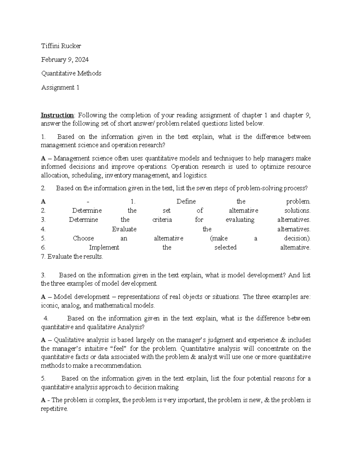 quantitative methods assignment 1