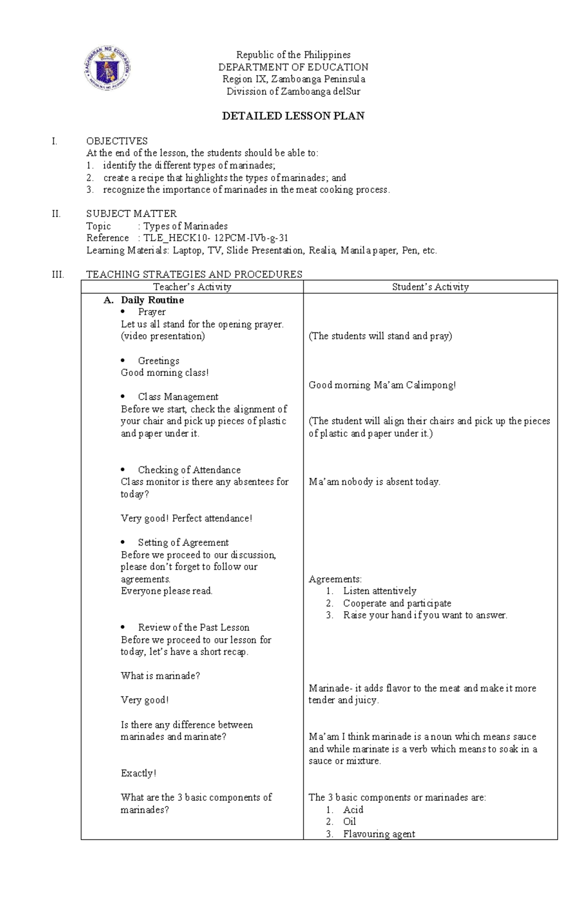 DLP- Types of Marinades JHS - Republic of the Philippines DEPARTMENT OF ...