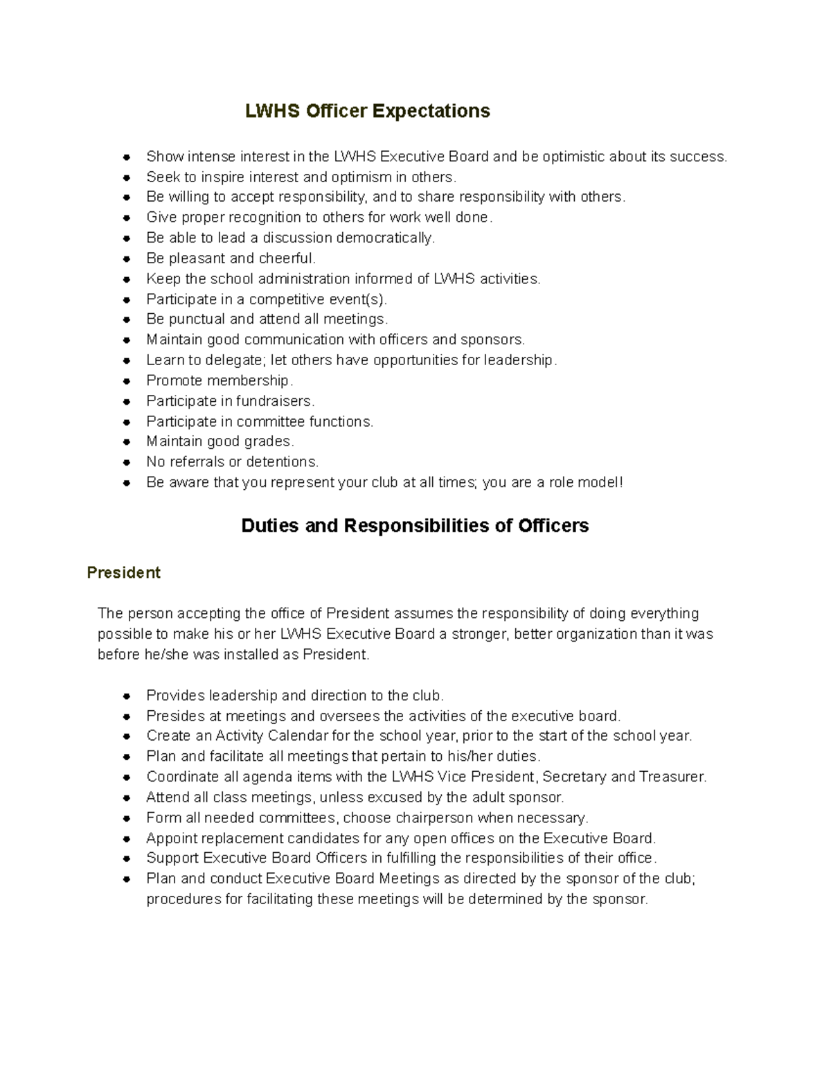 LWHS Officer Expectations - Seek to inspire interest and optimism in ...