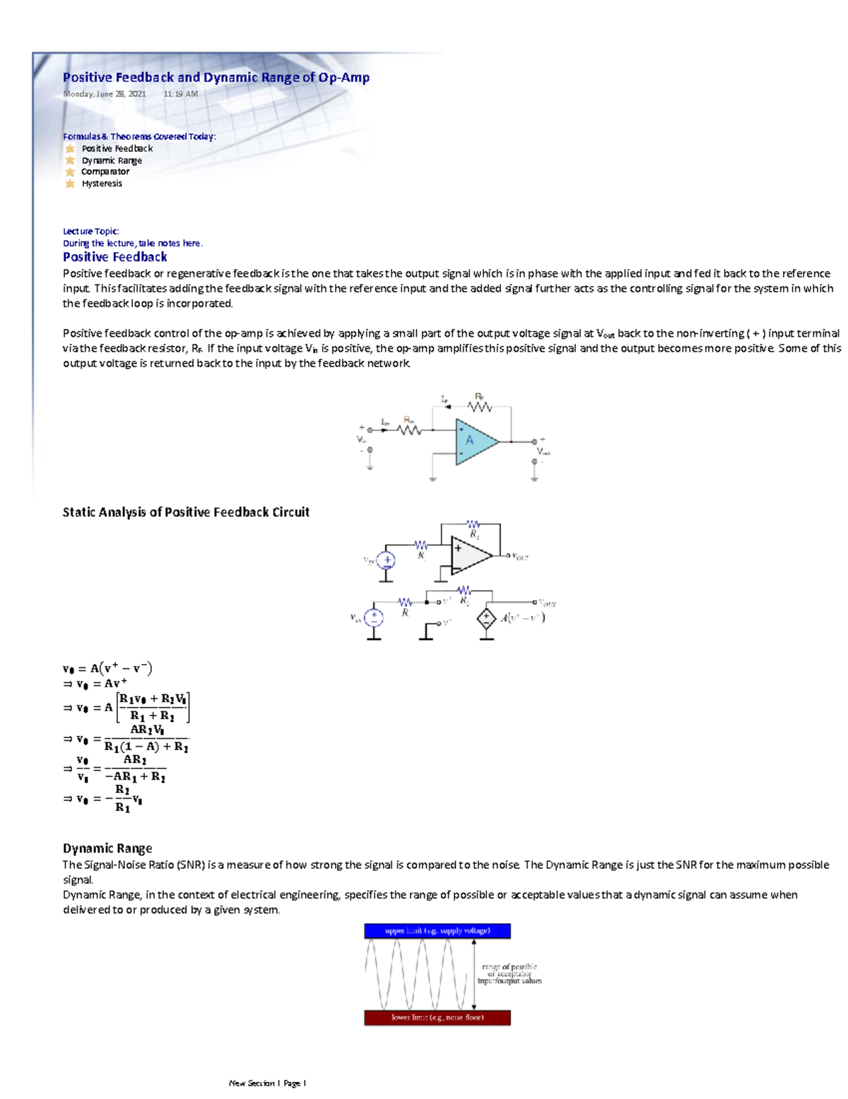 Positive Feedback and Dynamic Range of OpAmp Positive Feedback