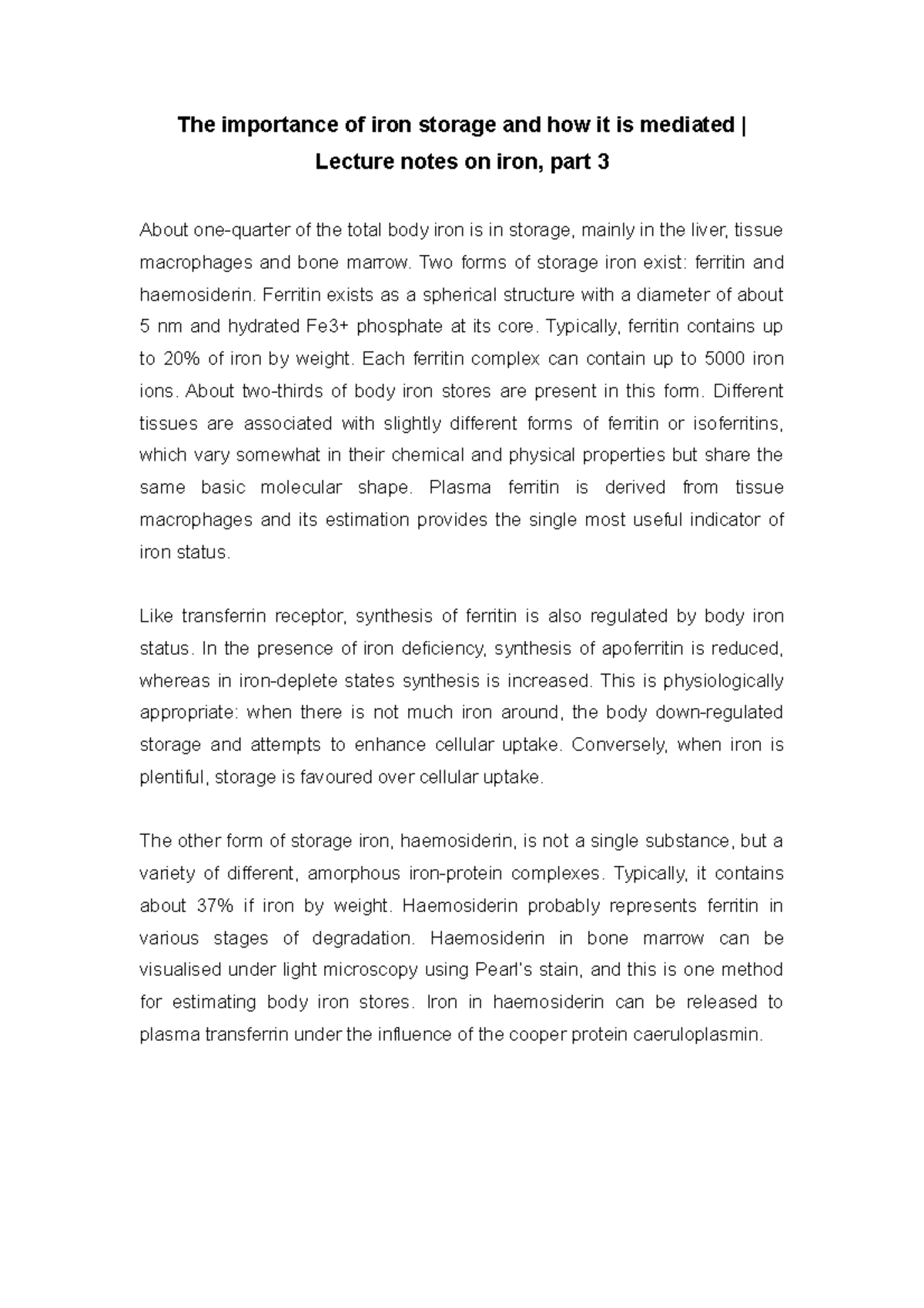 The importance of iron storage and how it is mediated Lecture notes