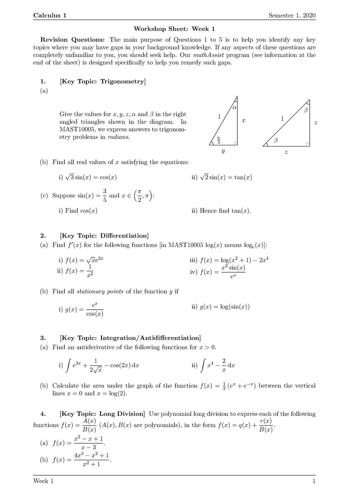 Workshop 1 Question Sheet - Calculus 1 Semester 1, 2020 Workshop Sheet ...