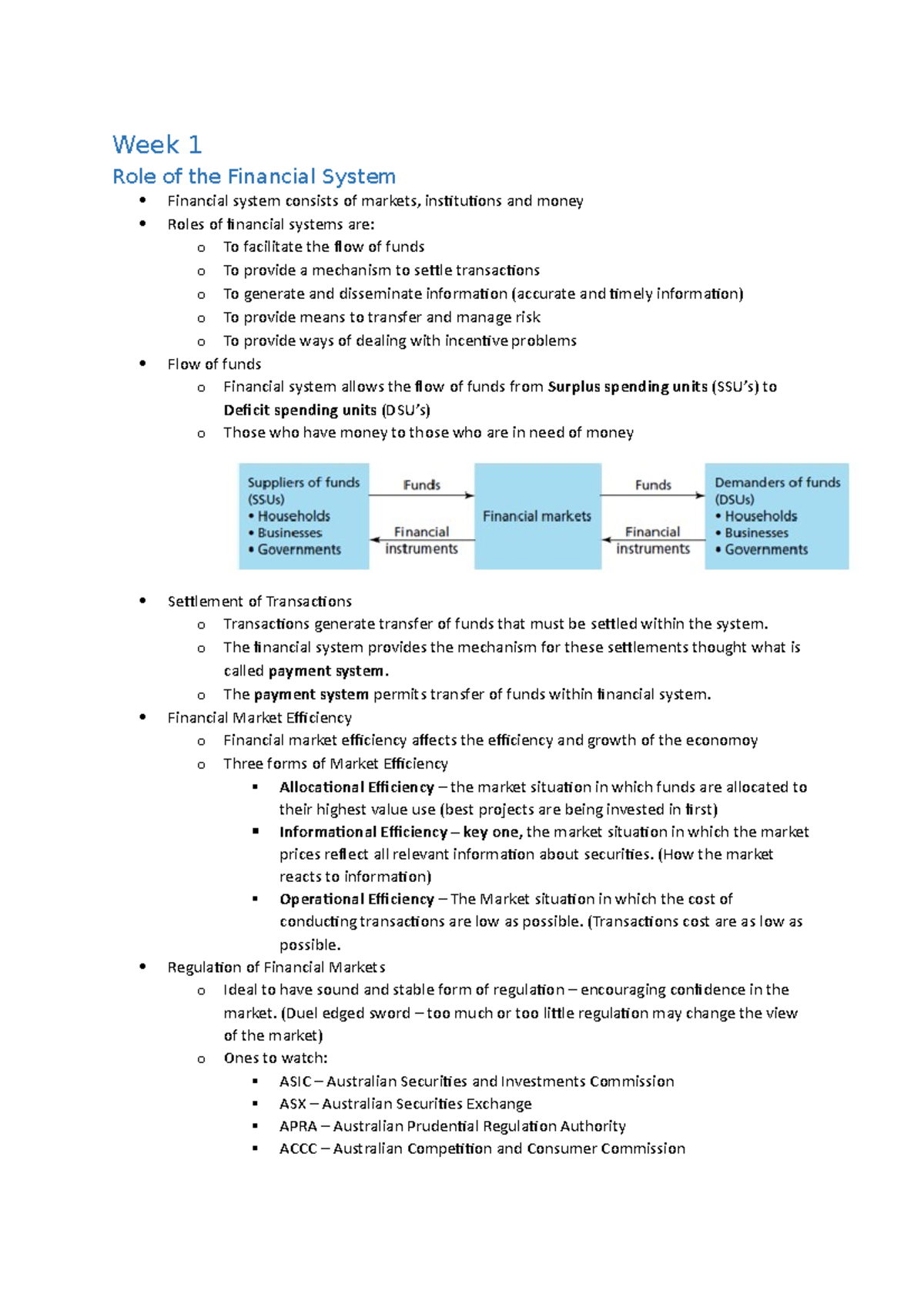 EFB202 Notes - Week 1 Role of the Financial System Financial system ...