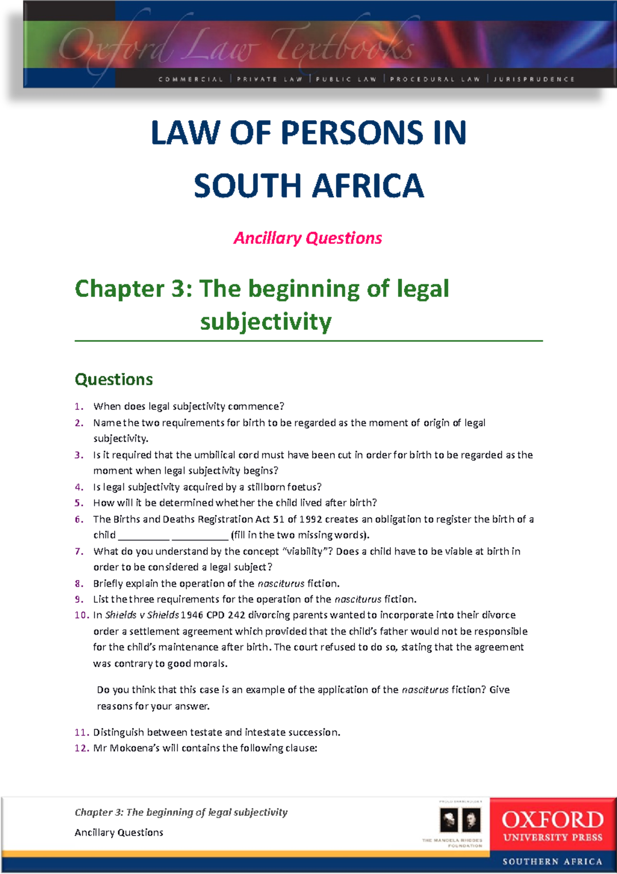 Lopisa - case - LAW OF PERSONS IN SOUTH AFRICA Ancillary Questions ...