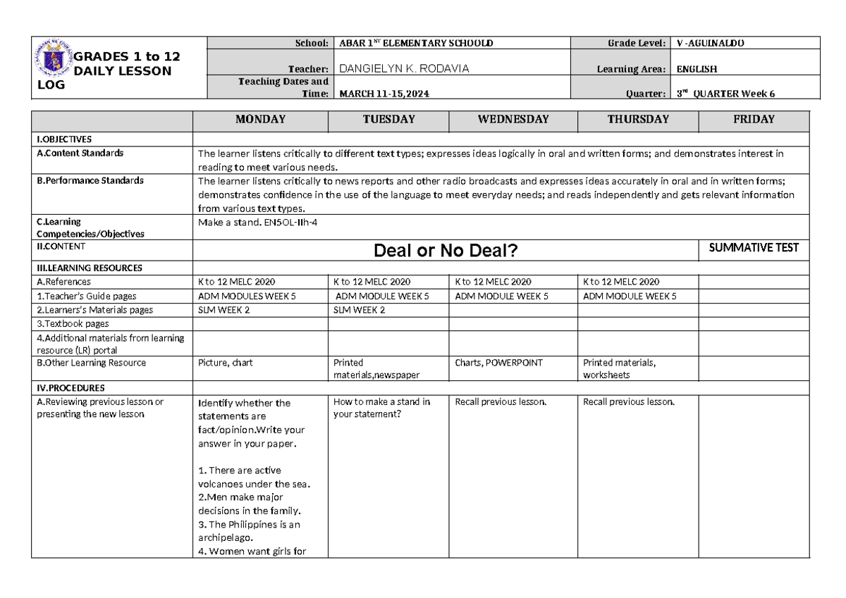 Dll English 5 Q3 W6 Daily Lesson Log In English For Grade 5 Grades