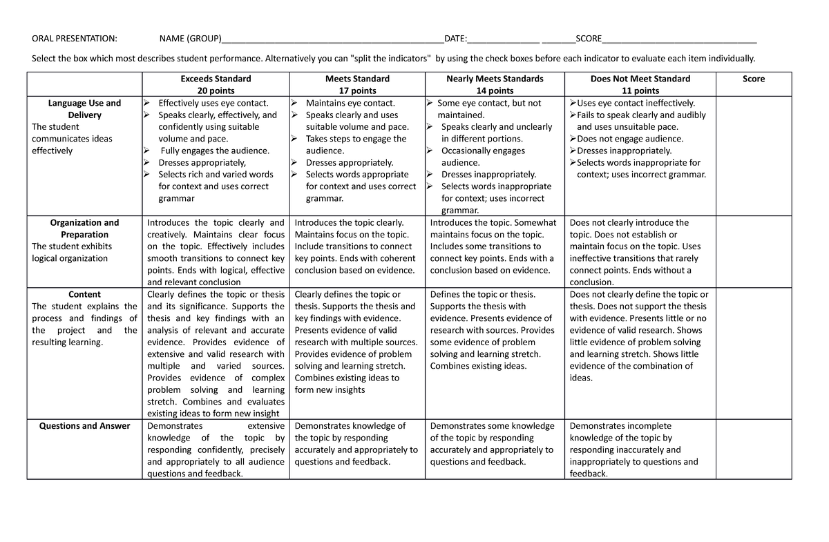 ORAL- Presentation- Rubrics - ORAL PRESENTATION: NAME (GROUP)______DATE ...