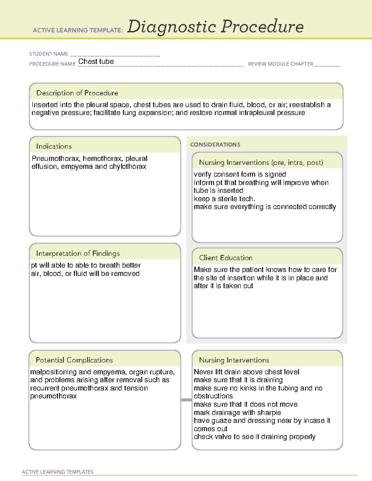 chest tube ati class - ACTIVE LEARNING TEMPLATES Diagnostic Procedure ...