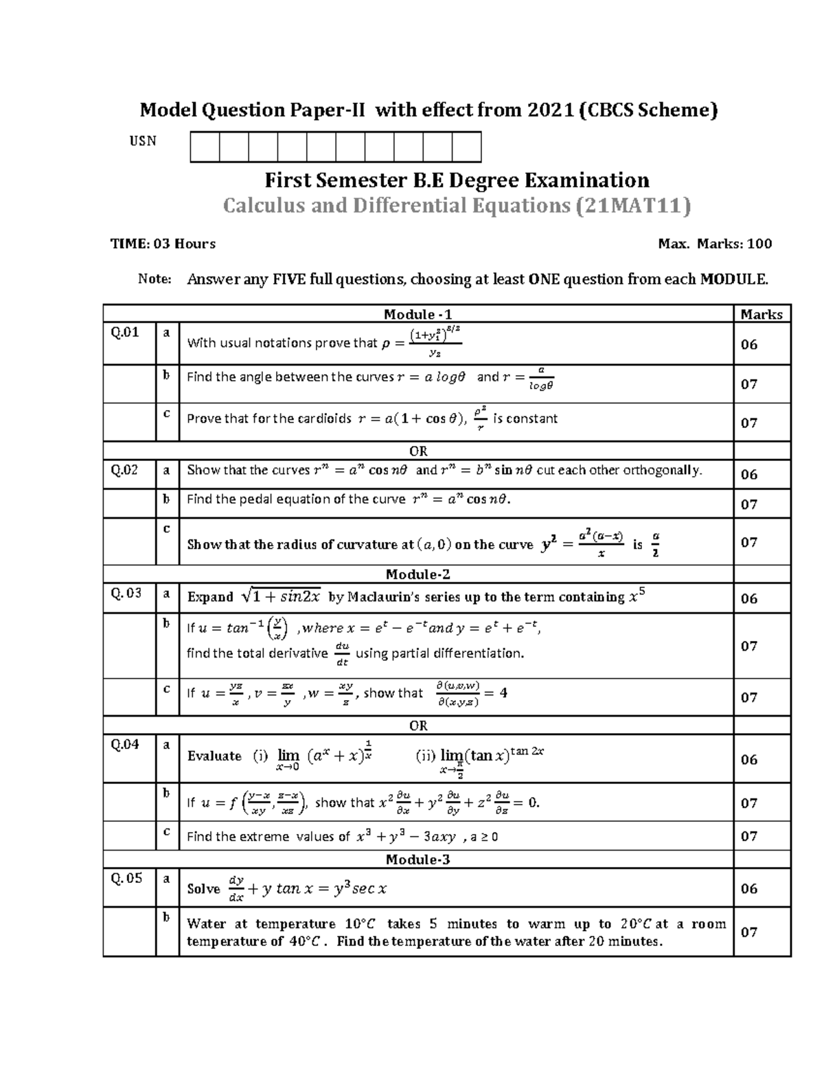 21MAT11 calculus differential equations 2022 model question paper 2