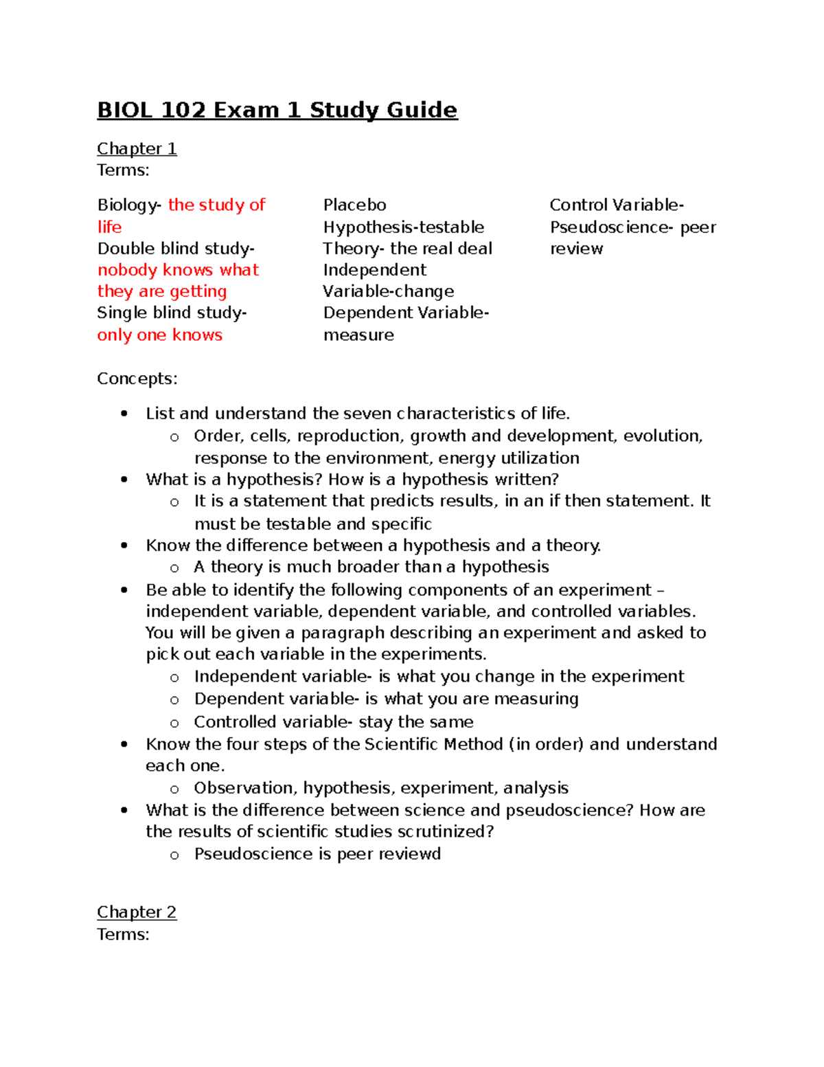 BIOL 102 Exam I Study Guide - BIOL 102 Exam 1 Study Guide Chapter 1 ...