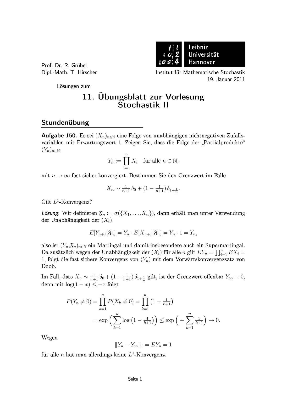 Mathematische Stochastik 2 Grubel 11 Hausuebung 11 Loesung Studocu