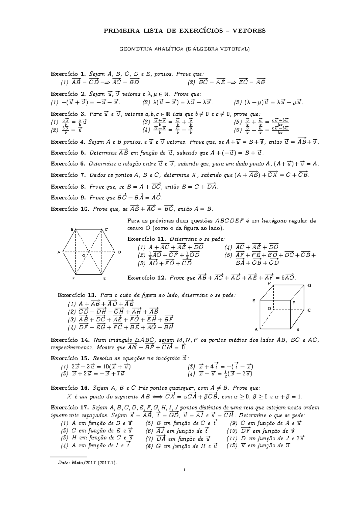 Lista 1 De Tarefas Geometria Analitica - PRIMEIRA LISTA DE EXERC´ ICIOS ...