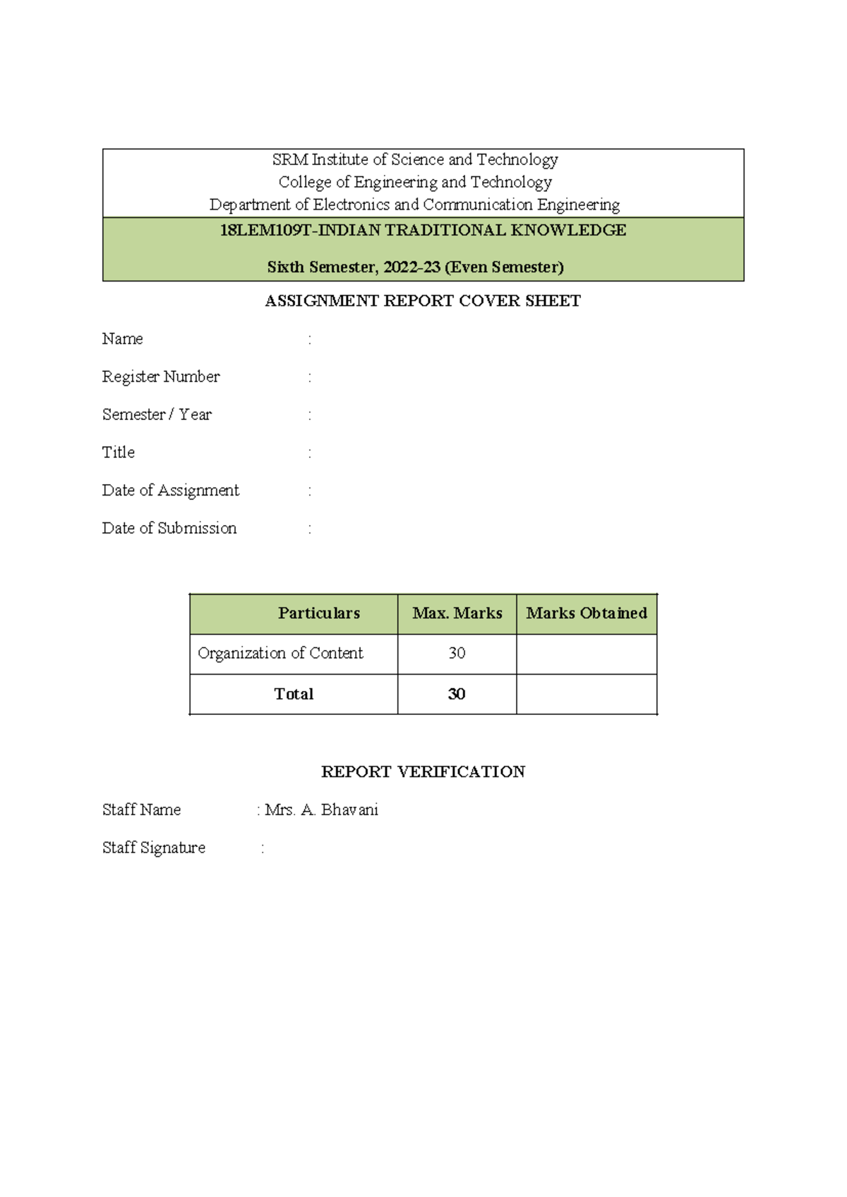 Assignment no- 3 Cover Sheet ITK - Microbiology - SRM Institute of ...