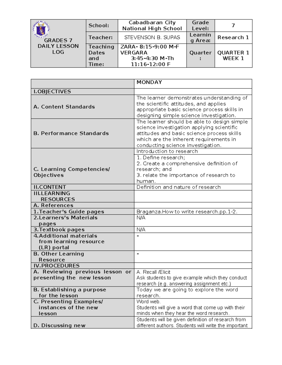 Week 1 Introduction to Research - MONDAY I A. Content Standards The ...