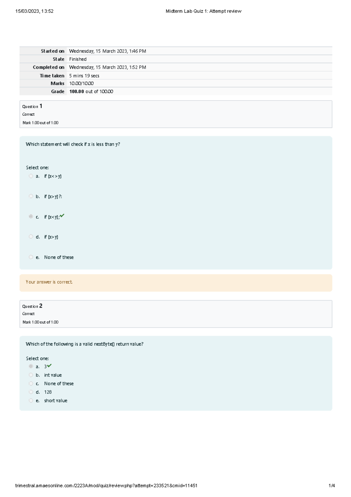 Midterm Lab Quiz 1 Attempt 2 review - Started on Wednesday, 15 March ...