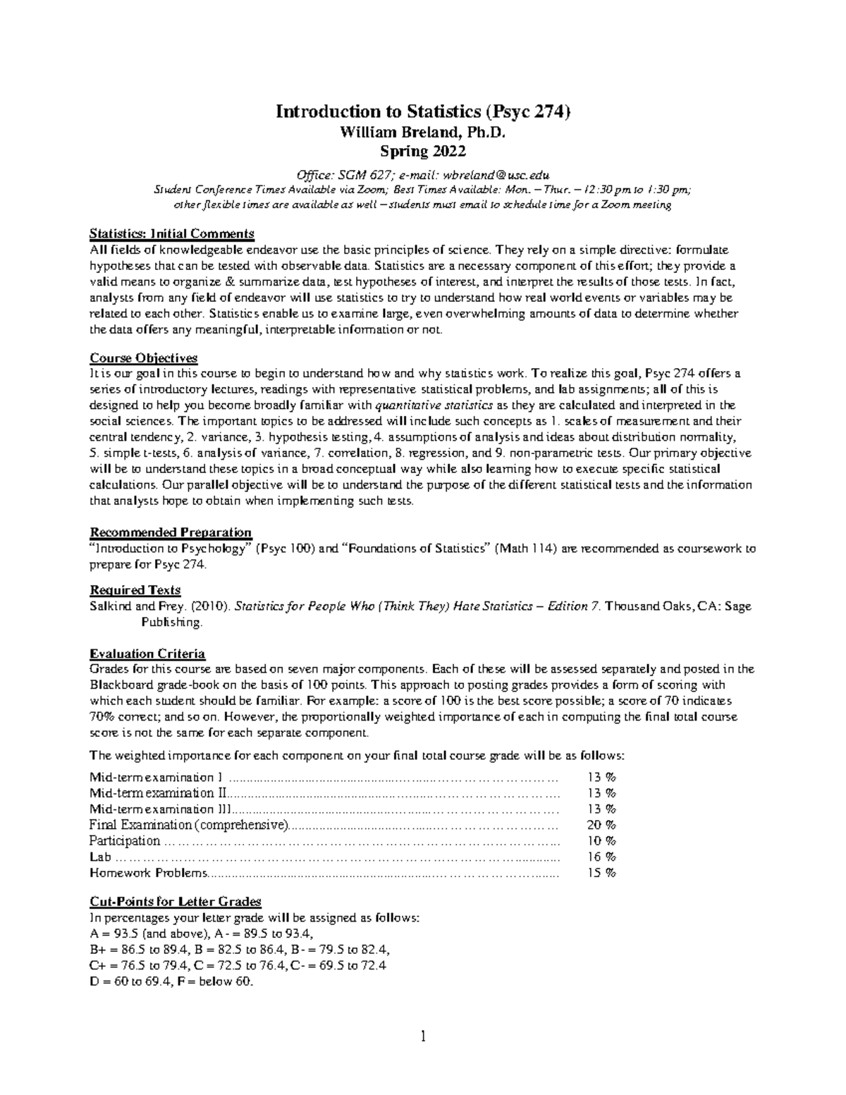 Syllabus - Introduction To Statistics (Psyc 274) William Breland, Ph ...