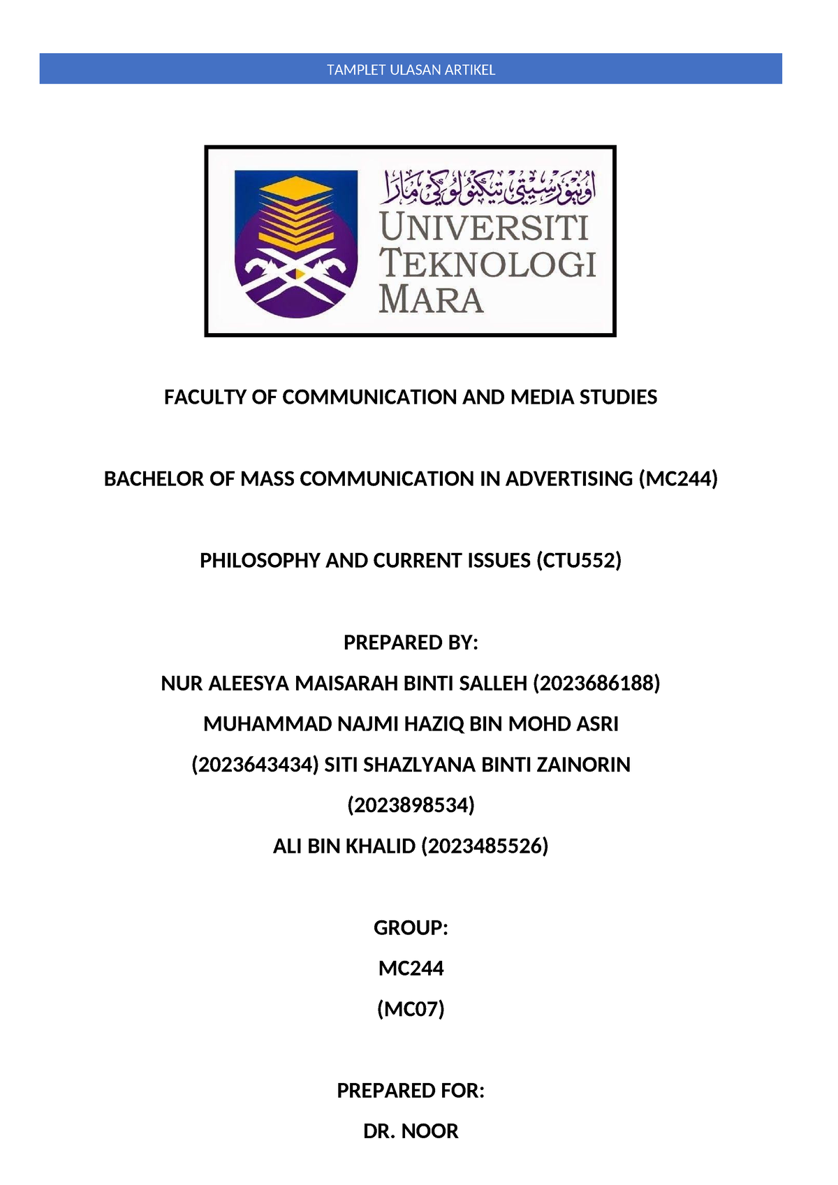 Ulasan Artikel Kumpulan 5 - FACULTY OF COMMUNICATION AND MEDIA STUDIES ...