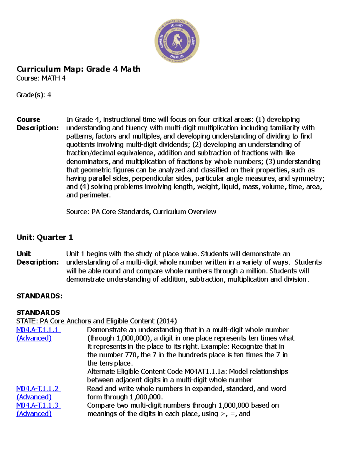 Math Grade 4 Curriculum Map Curriculum Map Grade 4 Math Course MATH