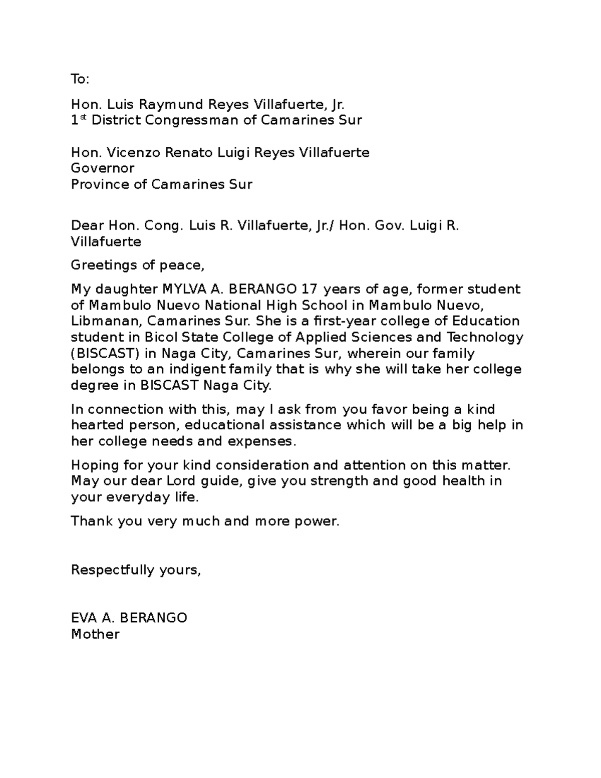 Letter - Pleasures - To: Hon. Luis Raymund Reyes Villafuerte, Jr. 1 st ...