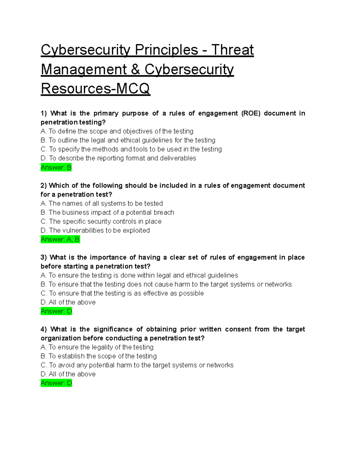 Rules of Engagement MCQ Cybersecurity Principles Threat