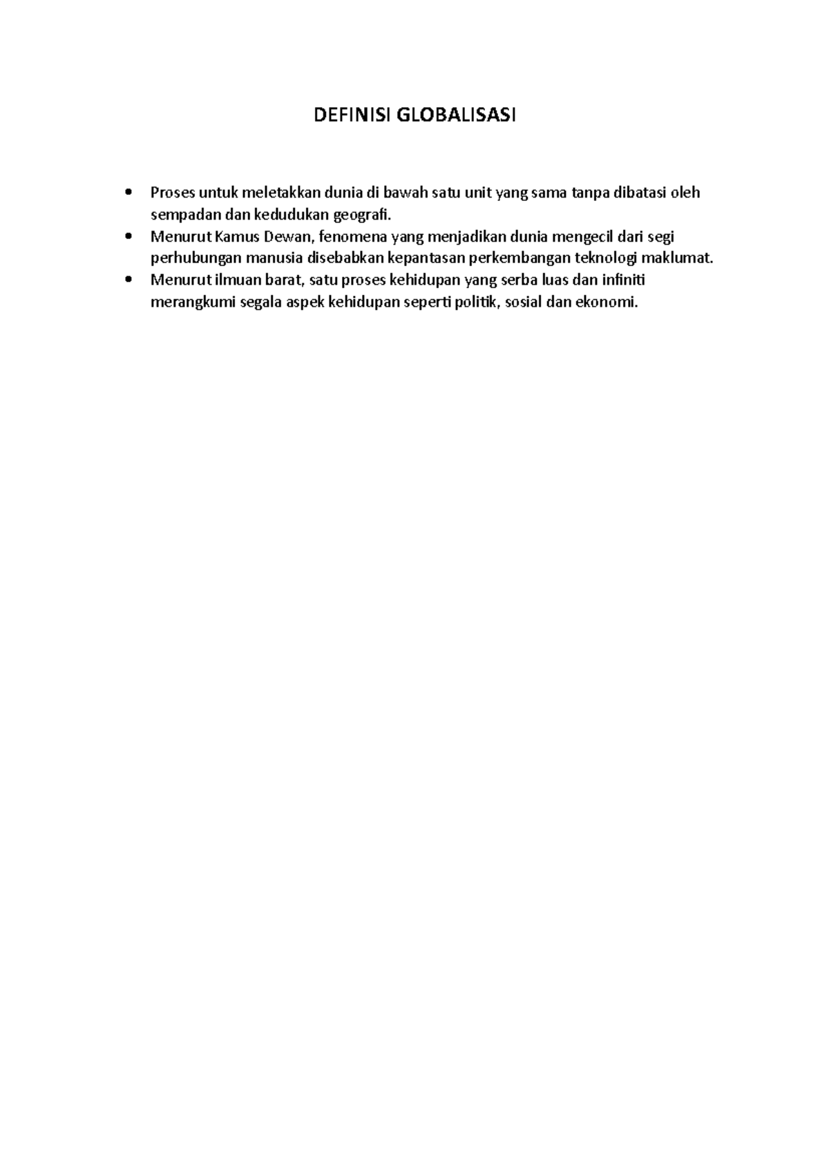 Point Titas Definisi Globalisasi Proses Untuk Meletakkan Dunia Di Bawah Satu Unit Yang Sama Studocu