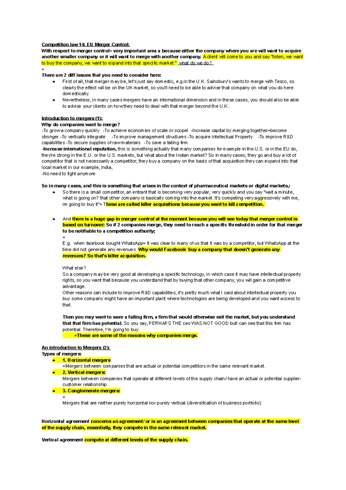 Competition Law Lecture 14 Merger Control Notes Competition Law 14