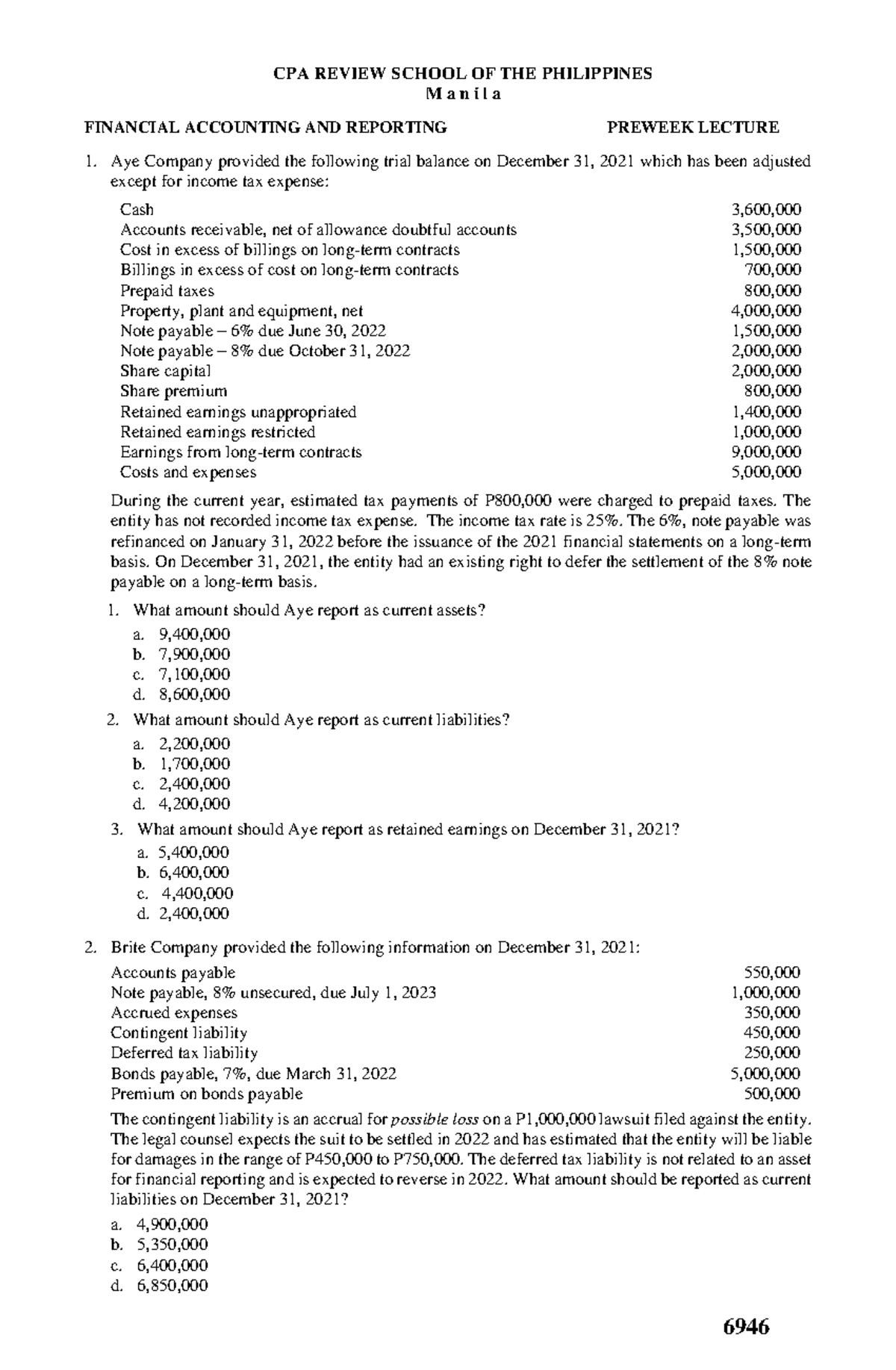 6946 - FAR Problem Preweek Lecture - CPA REVIEW SCHOOL OF THE ...